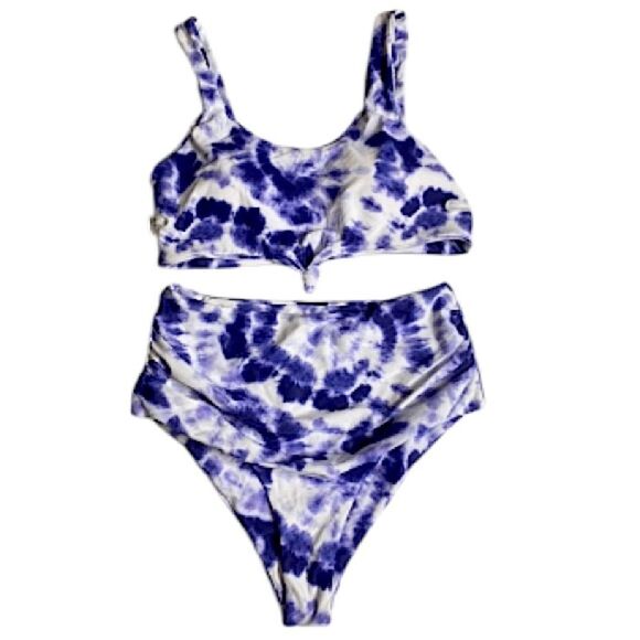 Tie Dye Bikini Small New Boho Trendy Two Piece Knot Scoop Neck Ruched High Waist - Picture 1 of 11